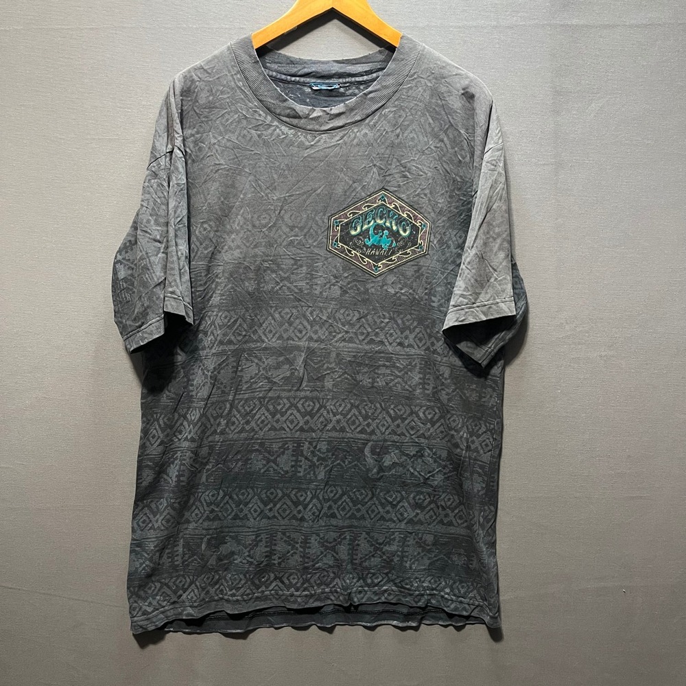 Vintage Gecko Hawaii T-Shirt Grey Tribal Print Embroidered Logo Mens XL